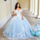 Tull Sky Blue Quinceanera Dresses Formal Luxury Party Lace Appliques Sweet 16 Dress Graduation Ball Gwon Prom Gowns vestidos de