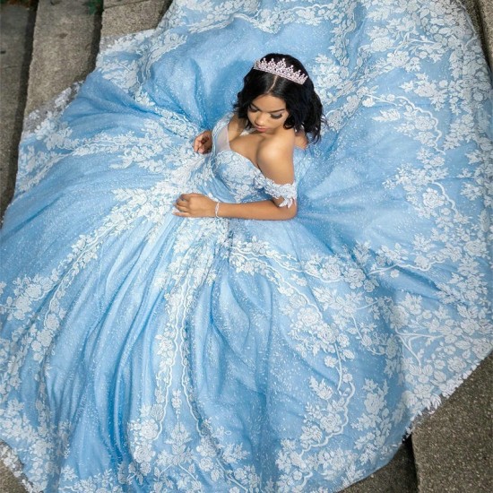 Tull Sky Blue Quinceanera Dresses Formal Luxury Party Lace Appliques Sweet 16 Dress Graduation Ball Gwon Prom Gowns vestidos de