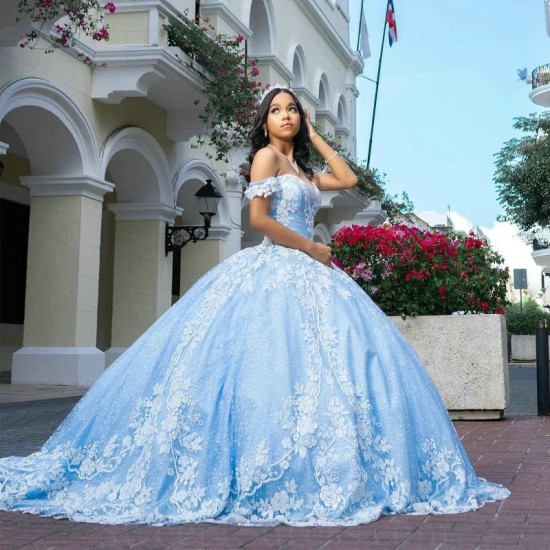 Tull Sky Blue Quinceanera Dresses Formal Luxury Party Lace Appliques Sweet 16 Dress Graduation Ball Gwon Prom Gowns vestidos de