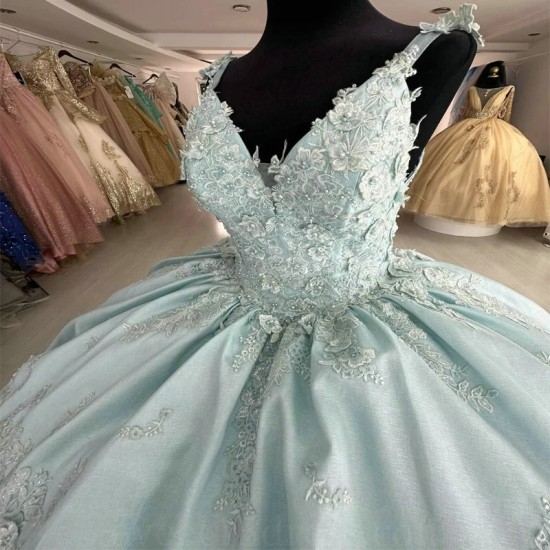 V-Neck Aqua Blue Princess Quinceanera Dresses 2024 Appliques lace-up Corset Off Shoulder Vestidos De 15 Anos Prom