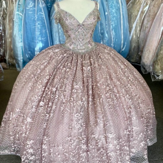 V-Neck Ball Gown Pink Quinceanera Dresses Tulle Applique Lace Beads Crystal Formal Vestido De 15 Anos Quinceanera Princess Party