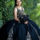 V-Neck Black Shiny Princess Appliques Lace Beads Quinceanera Dress for Wedding Sweep Train Off Shoulder Florals Corset vestidos