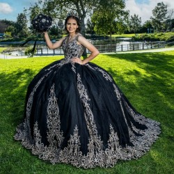 V-Neck Black Shiny Princess Appliques Lace Beads Quinceanera Dress for Wedding Sweep Train Off Shoulder Florals Corset vestidos