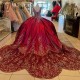 V-Neck Burgundy Quinceanera Dresses Pocket Sequins Applique Lace Beads Sweet 16 Dress Vestido De 15 Anos Ball Prom Gowns