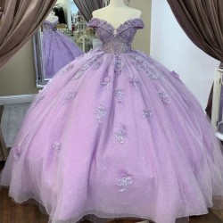 V-Neck Lavender Quinceanera Dresses Mexican Lace 3DFlower Puffy Ball Gowns Off-Shoulder Applique Lace Luxury Vestidos De