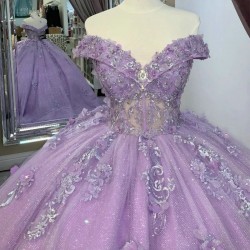 V-Neck Lavender Quinceanera Dresses Mexican Lace 3DFlower Puffy Ball Gowns Off-Shoulder Applique Lace Luxury Vestidos De