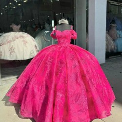 Watermelon Rose Red Off Shoulder Quinceanera Dresses Vestidos De 15 Quinceanera Luxury Lace Sequins Sweet 16 Ball Gown Prom Dresses