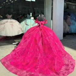 Watermelon Rose Red Off Shoulder Quinceanera Dresses Vestidos De 15 Quinceanera Luxury Lace Sequins Sweet 16 Ball Gown Prom Dresses